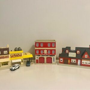 1989 Vintage Galoob Village Buildings - Set of 3 - Gas Station, Fire Department,